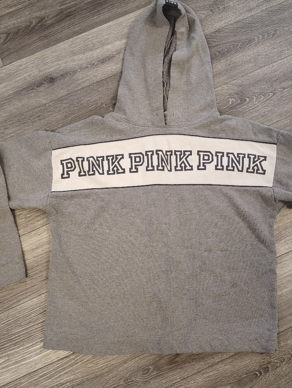PINK Victoria's Secret Gray Hooded Sweatshirt with White Logo Panel Size Medium